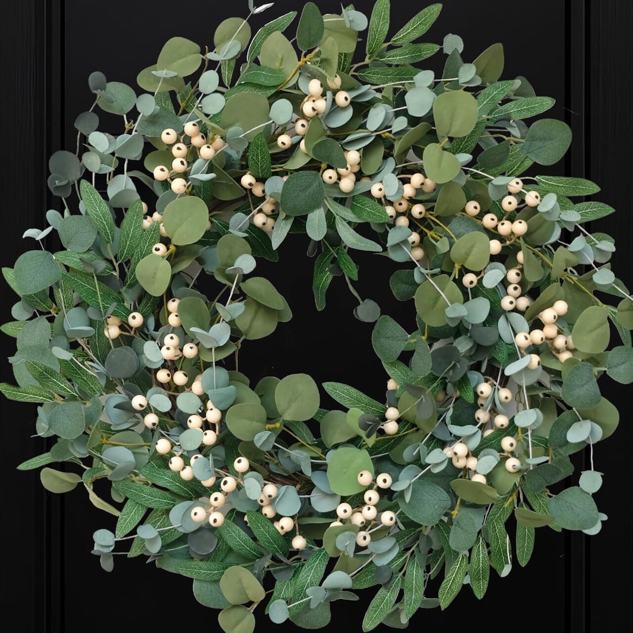 22 inch Artificial Summer Wreath for Front Door Evergreen Eucalyptus Decoration Wreath with Berries Home Party Indoor Outdoor All Season Decor
